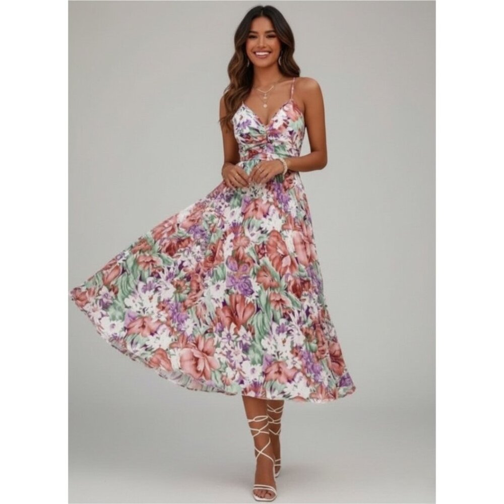Floral Print Pleated Cami Dress - Picture 6 of 11